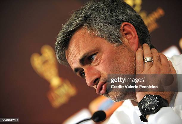 Internazionale Milano head coach Jose Mourinho attends an FC Internazionale Milano press conference during a media open day on May 18, 2010 in...