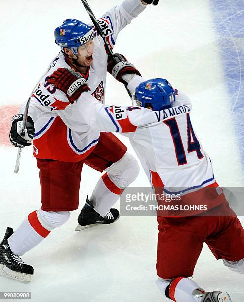 Czech's Ondrej Nemec celebrates scoring Czech's second goal with Czech's Petr Vampola during the IIHF Ice Hockey World Championship match Canada vs...