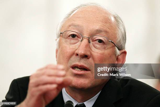 Interior Secretary Ken Salazar testifies during a Senate Energy and Natural Resources Committee hearing on Capitol Hill on May 18, 2010 in...