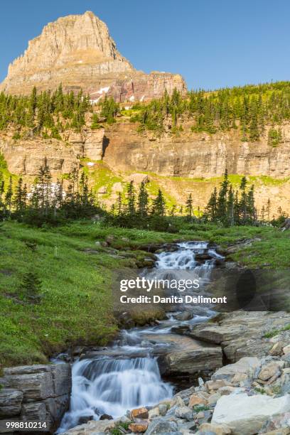 landscape with clements peak and logan creek, glacier national park, montana, usa - logan stock-fotos und bilder
