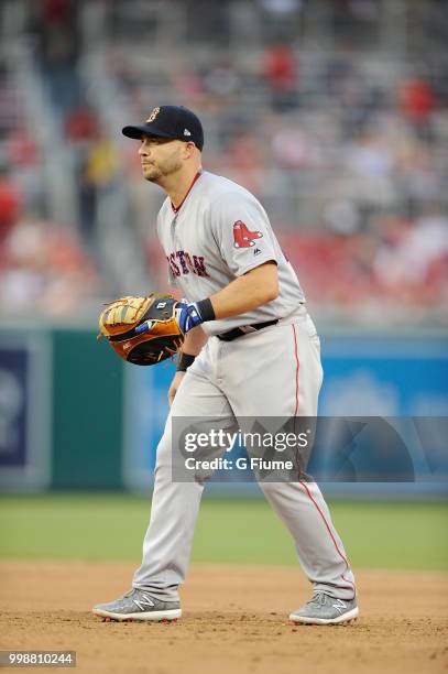 Steve Pearce of the Boston Red Sox plays first base against the Washington Nationals at Nationals Park on July 3, 2018 in Washington, DC.