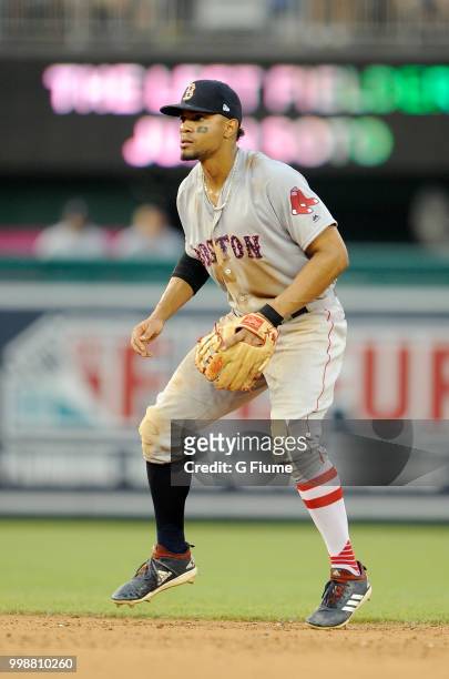 Xander Bogaerts of the Boston Red Sox plays shortstop against the Washington Nationals at Nationals Park on July 3, 2018 in Washington, DC.
