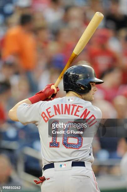 Andrew Benintendi of the Boston Red Sox bats against the Washington Nationals at Nationals Park on July 3, 2018 in Washington, DC.