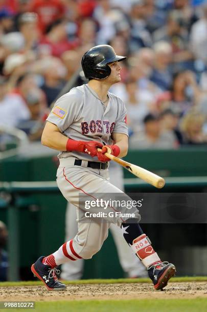 Andrew Benintendi of the Boston Red Sox bats against the Washington Nationals at Nationals Park on July 3, 2018 in Washington, DC.