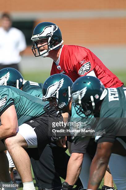 Quarterback Kevin Kolb of the Philadelphia Eagles participates in drills during mini-camp practice on April 30, 2010 at the NovaCare Complex in...