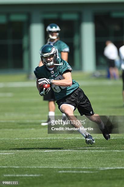 Wide receiver Blue Cooper of the Philadelphia Eagles participates in drills during mini-camp practice on April 30, 2010 at the NovaCare Complex in...