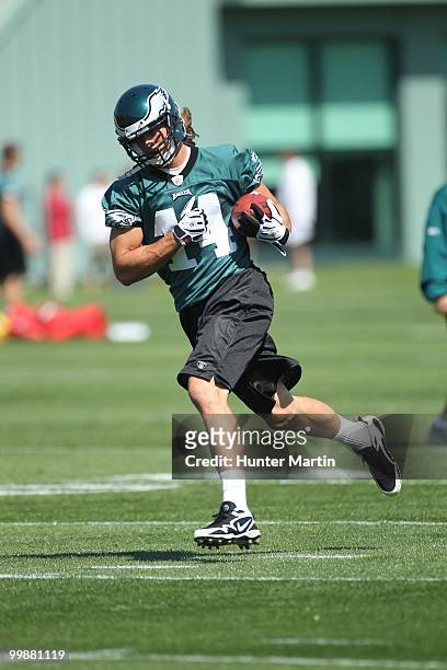 Wide receiver Riley Cooper of the Philadelphia Eagles participates in drills during mini-camp practice on April 30, 2010 at the NovaCare Complex in...