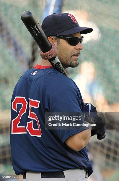 Mike Lowell of the Boston Red Sox looks on during batting practice before the game against the Detroit Tigers at Comerica Park on May 14, 2010 in...