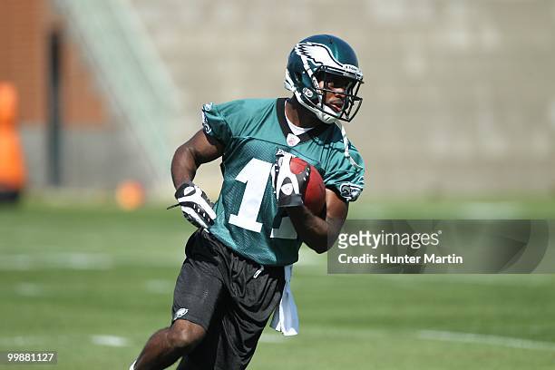 Wide receiver Dobson Collins of the Philadelphia Eagles participates in drills during mini-camp practice on April 30, 2010 at the NovaCare Complex in...