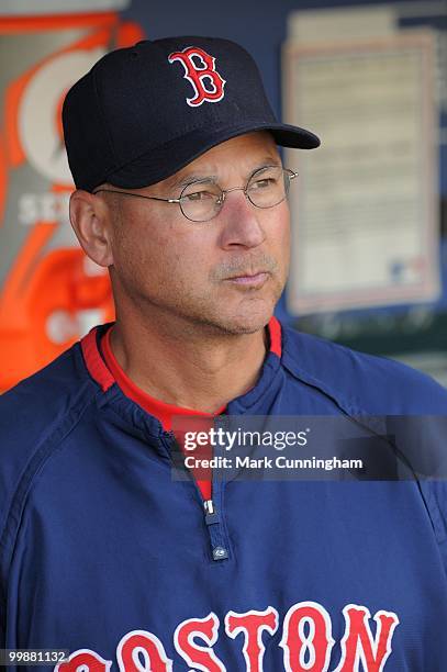 Terry Francona of the Boston Red Sox looks on during the game against the Detroit Tigers at Comerica Park on May 14, 2010 in Detroit, Michigan. The...