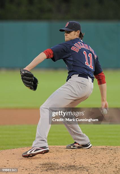 Clay Buchholz of the Boston Red Sox pitches against the Detroit Tigers during the game at Comerica Park on May 14, 2010 in Detroit, Michigan. The Red...