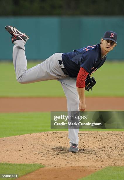 Clay Buchholz of the Boston Red Sox pitches against the Detroit Tigers during the game at Comerica Park on May 14, 2010 in Detroit, Michigan. The Red...