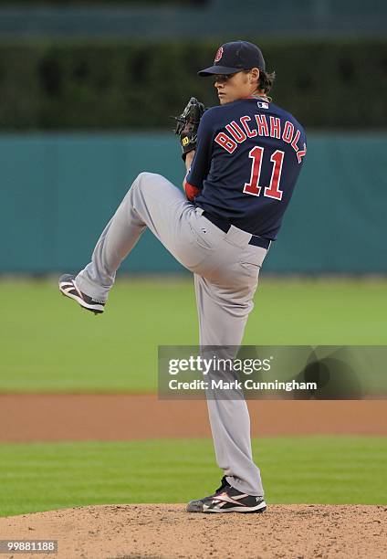 Clay Buchholz of the Boston Red Sox pitches against the Detroit Tigers during the game at Comerica Park on May 14, 2010 in Detroit, Michigan. The Red...