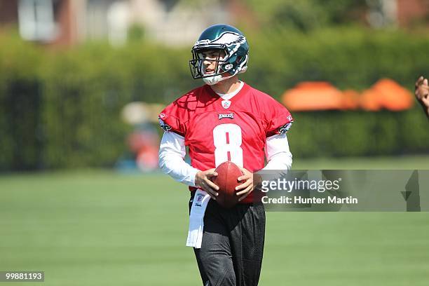 Quarterback Mike Kafka of the Philadelphia Eagles participates in drills during mini-camp practice on April 30, 2010 at the NovaCare Complex in...