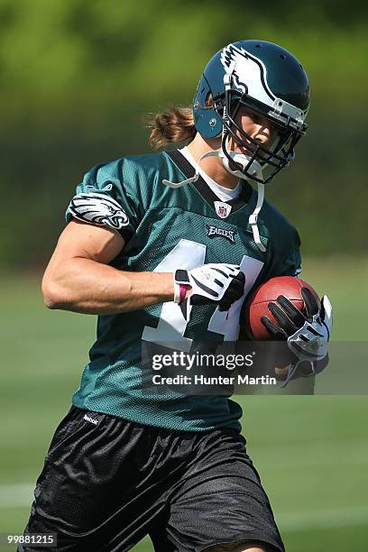 Wide receiver Riley Cooper of the Philadelphia Eagles participates in drills during mini-camp practice on April 30, 2010 at the NovaCare Complex in...