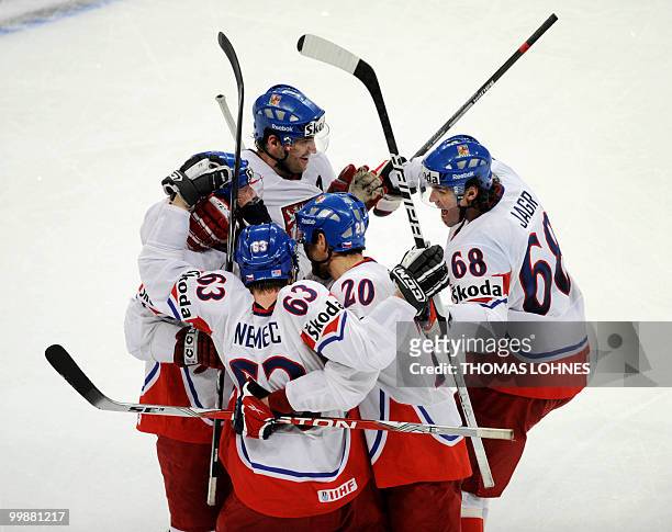 Czech's Ondrej Nemec celebrates scoring with teammates during the IIHF Ice Hockey World Championship match Canada vs Czech Republic in the southern...