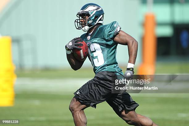 Running back Martell Mallett of the Philadelphia Eagles participates in drills during mini-camp practice on April 30, 2010 at the NovaCare Complex in...