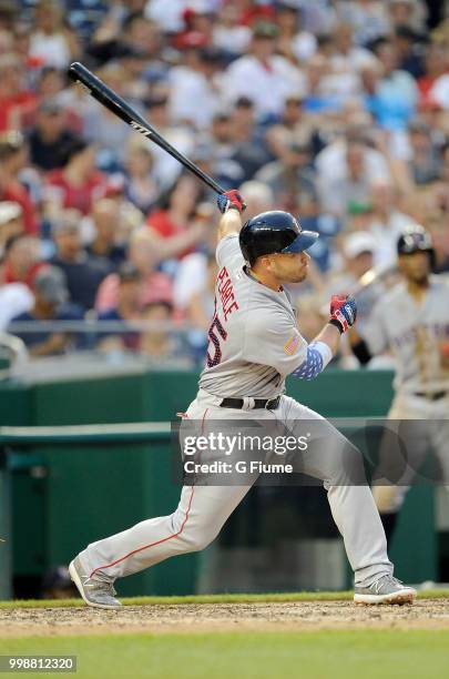 Steve Pearce of the Boston Red Sox bats against the Washington Nationals at Nationals Park on July 3, 2018 in Washington, DC.