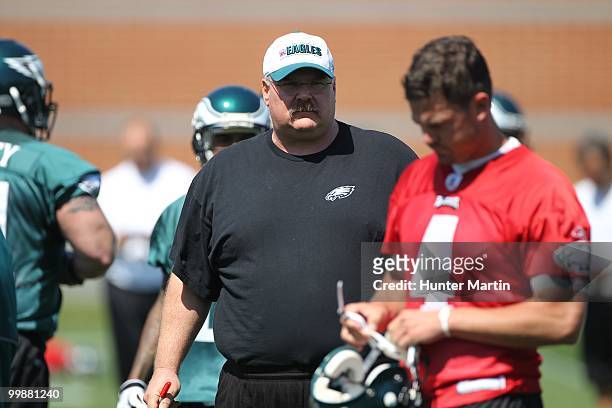 Head coach Andy Reid of the Philadelphia Eagles watches practice during mini-camp on April 30, 2010 at the NovaCare Complex in Philadelphia,...