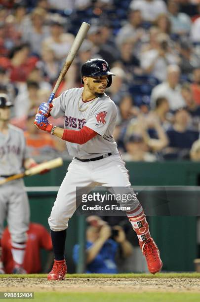 Mookie Betts of the Boston Red Sox bats against the Washington Nationals at Nationals Park on July 3, 2018 in Washington, DC.