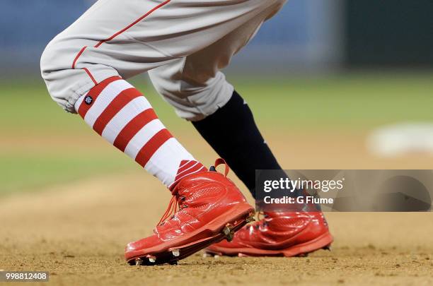 Mookie Betts of the Boston Red Sox wears Nike shoes during the game against the Washington Nationals at Nationals Park on July 3, 2018 in Washington,...