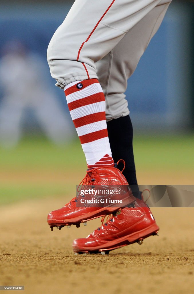 Mookie Betts of the Boston Red Sox wears Nike shoes during the