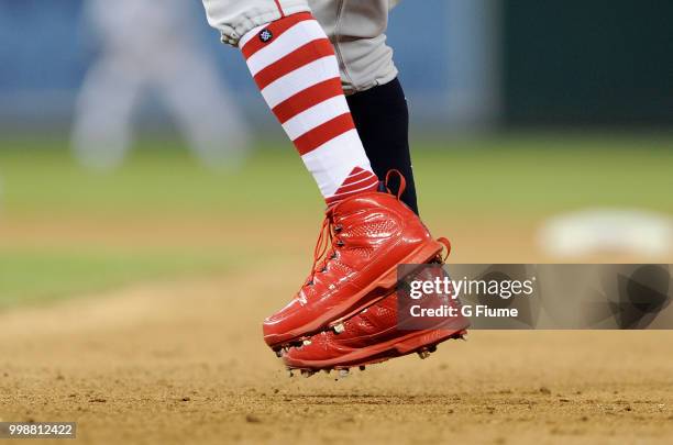 Mookie Betts of the Boston Red Sox wears Nike shoes during the game against the Washington Nationals at Nationals Park on July 3, 2018 in Washington,...