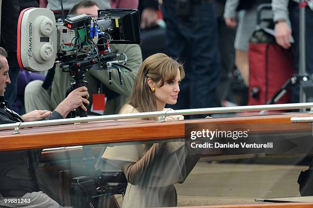 Actress Angelina Jolie is seen at the Piazzale della Stazione, filming on location for "The Tourist" on March 17, 2010 in Venice, Italy.