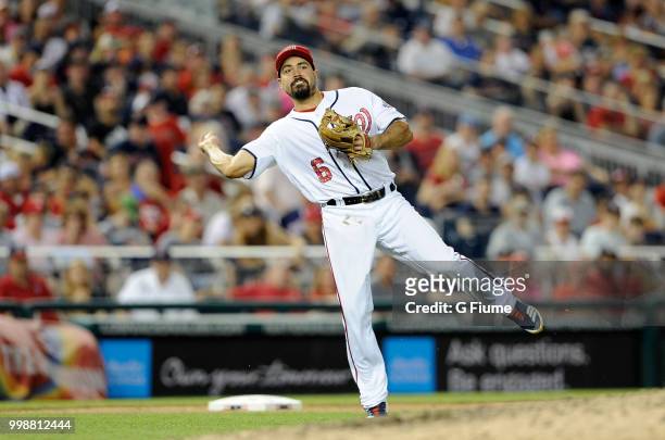 Anthony Rendon of the Washington Nationals throws out Steve Pearce of the Boston Red Sox in the ninth inning at Nationals Park on July 3, 2018 in...