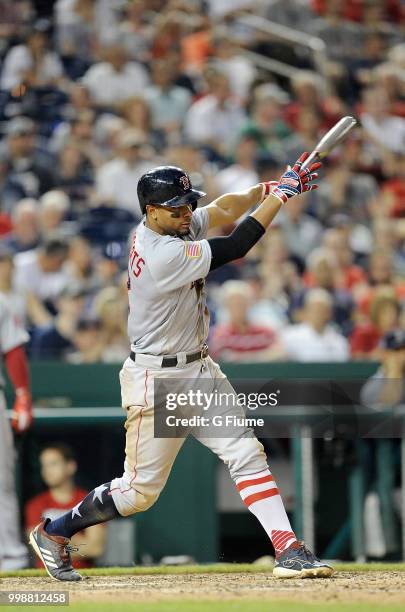 Xander Bogaerts of the Boston Red Sox bats against the Washington Nationals at Nationals Park on July 3, 2018 in Washington, DC.