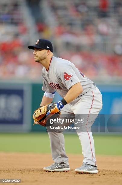 Steve Pearce of the Boston Red Sox plays first base against the Washington Nationals at Nationals Park on July 3, 2018 in Washington, DC.