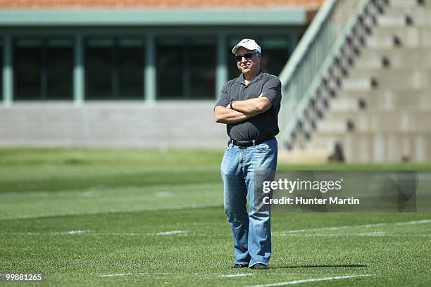 Chairman and CEO Jeffrey Lurie of the Philadelphia Eagles watches practice during mini-camp on April 30, 2010 at the NovaCare Complex in...