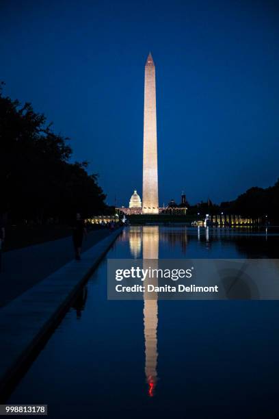 view of world war ii memorial, washington monument and united states capitol with reflecting pool, washington dc, usa - piscina riflettente foto e immagini stock