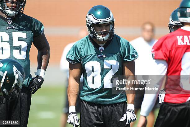 Tight end Clay Harbor of the Philadelphia Eagles participates in drills during mini-camp practice on April 30, 2010 at the NovaCare Complex in...