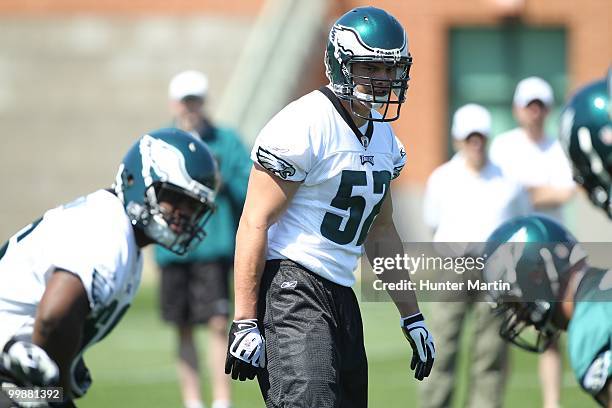 Defensive end Daniel Te'o-Nesheim of the Philadelphia Eagles participates in drills during mini-camp practice on April 30, 2010 at the NovaCare...