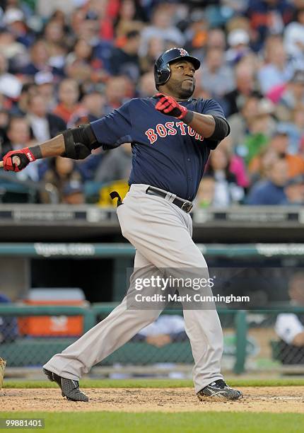 David Ortiz of the Boston Red Sox watches his home run while batting against the Detroit Tigers during the game at Comerica Park on May 14, 2010 in...