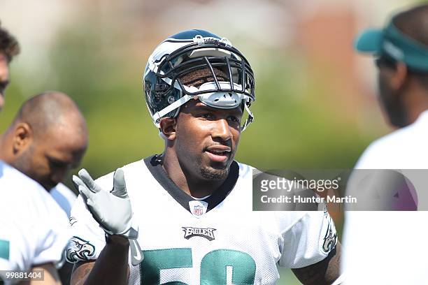 Linebacker Akeem Jordan of the Philadelphia Eagles participates in drills during mini-camp practice on April 30, 2010 at the NovaCare Complex in...