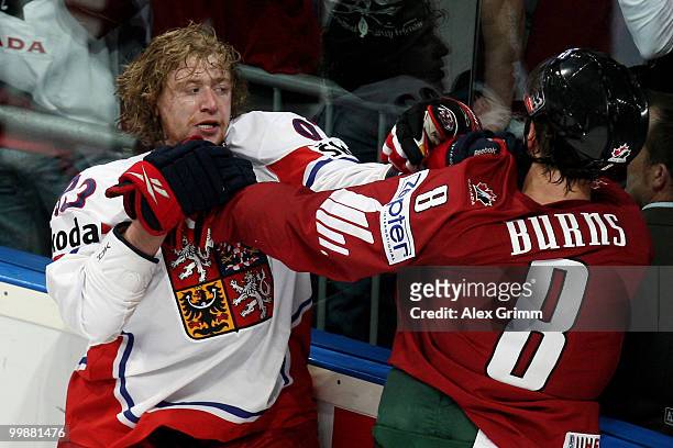 Jakub Voracek of Czech Republic fights with Brent Burns of Canada during the IIHF World Championship group F qualification round match between Canada...