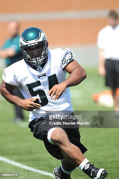 Defensive end Brandon Graham of the Philadelphia Eagles participates in drills during mini-camp practice on April 30, 2010 at the NovaCare Complex in...