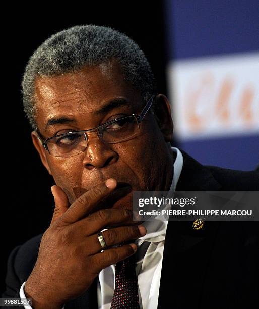 Haiti's Prime Minister Jean Max Bellerive gestures as he attends a jointed press conference with President of Dominican Republic's Leonel Fernandez...