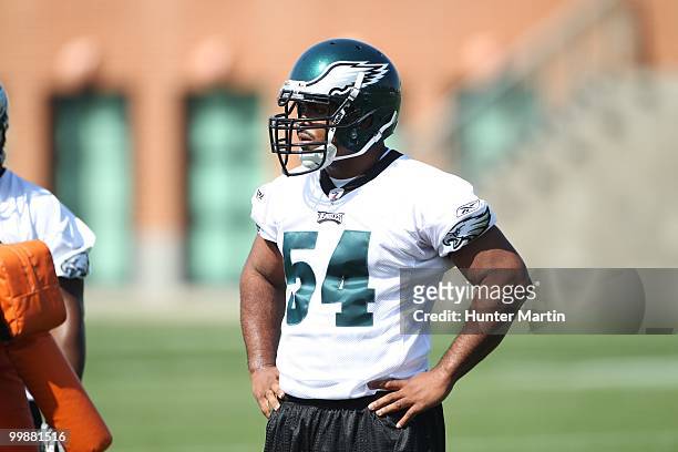 Defensive end Brandon Graham of the Philadelphia Eagles participates in drills during mini-camp practice on April 30, 2010 at the NovaCare Complex in...