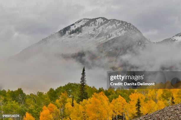 fog rising around east beckwith mountain near crested butte in fall colors, colorado, usa - pitkin county stock pictures, royalty-free photos & images