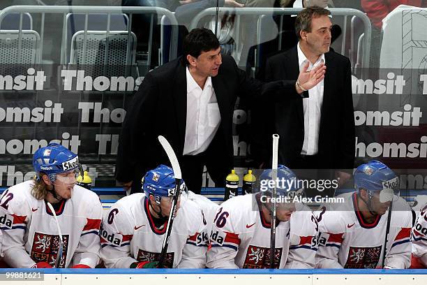 Head coach Vladimir Rusicka of Czech Republic gestures during the IIHF World Championship group F qualification round match between Canada and Czech...