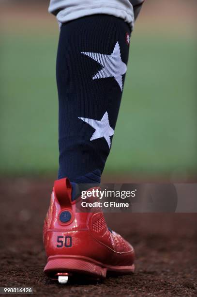 Mookie Betts of the Boston Red Sox wears Nike shoes during the game against the Washington Nationals at Nationals Park on July 2, 2018 in Washington,...