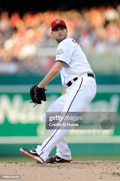 Max Scherzer of the Washington Nationals pitches against the Boston Red Sox at Nationals Park on July 2, 2018 in Washington, DC.