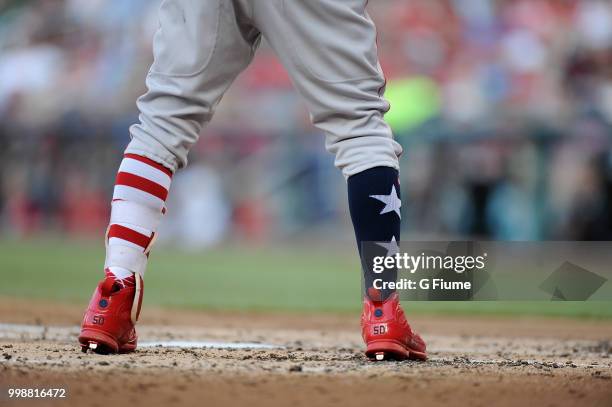 Mookie Betts of the Boston Red Sox wears Nike shoes during the game against the Washington Nationals at Nationals Park on July 2, 2018 in Washington,...