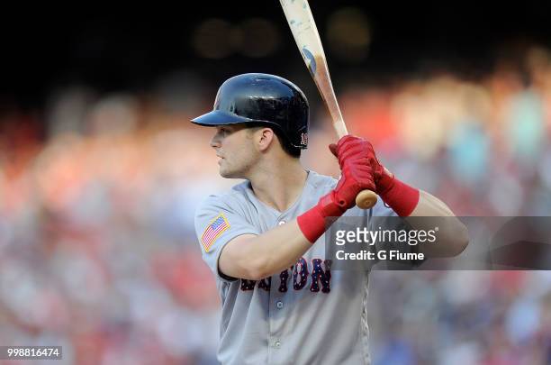 Andrew Benintendi of the Boston Red Sox bats against the Washington Nationals at Nationals Park on July 2, 2018 in Washington, DC.