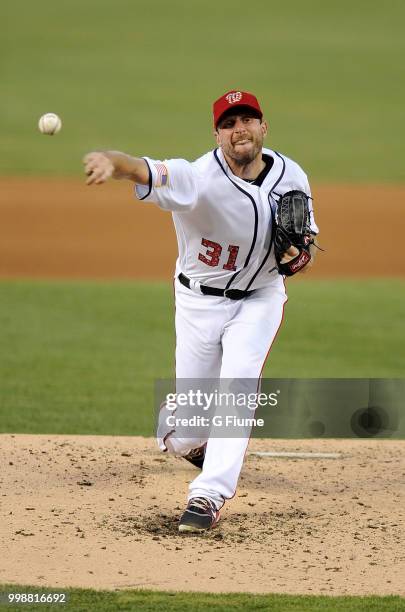 Max Scherzer of the Washington Nationals pitches against the Boston Red Sox at Nationals Park on July 2, 2018 in Washington, DC.