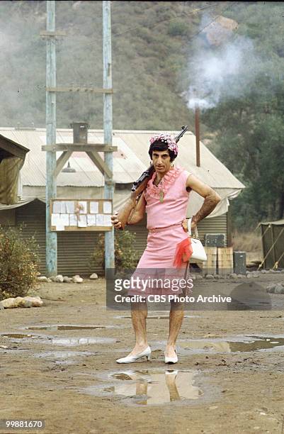 Portrait of American actor Jamie Farr, in costume as Corporal Maxwell Klinger, in a scene from the television series 'MASH,' California, 1980.