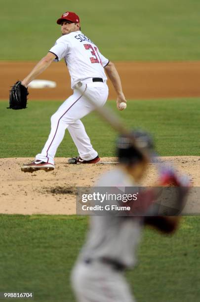 Max Scherzer of the Washington Nationals pitches against the Boston Red Sox at Nationals Park on July 2, 2018 in Washington, DC.